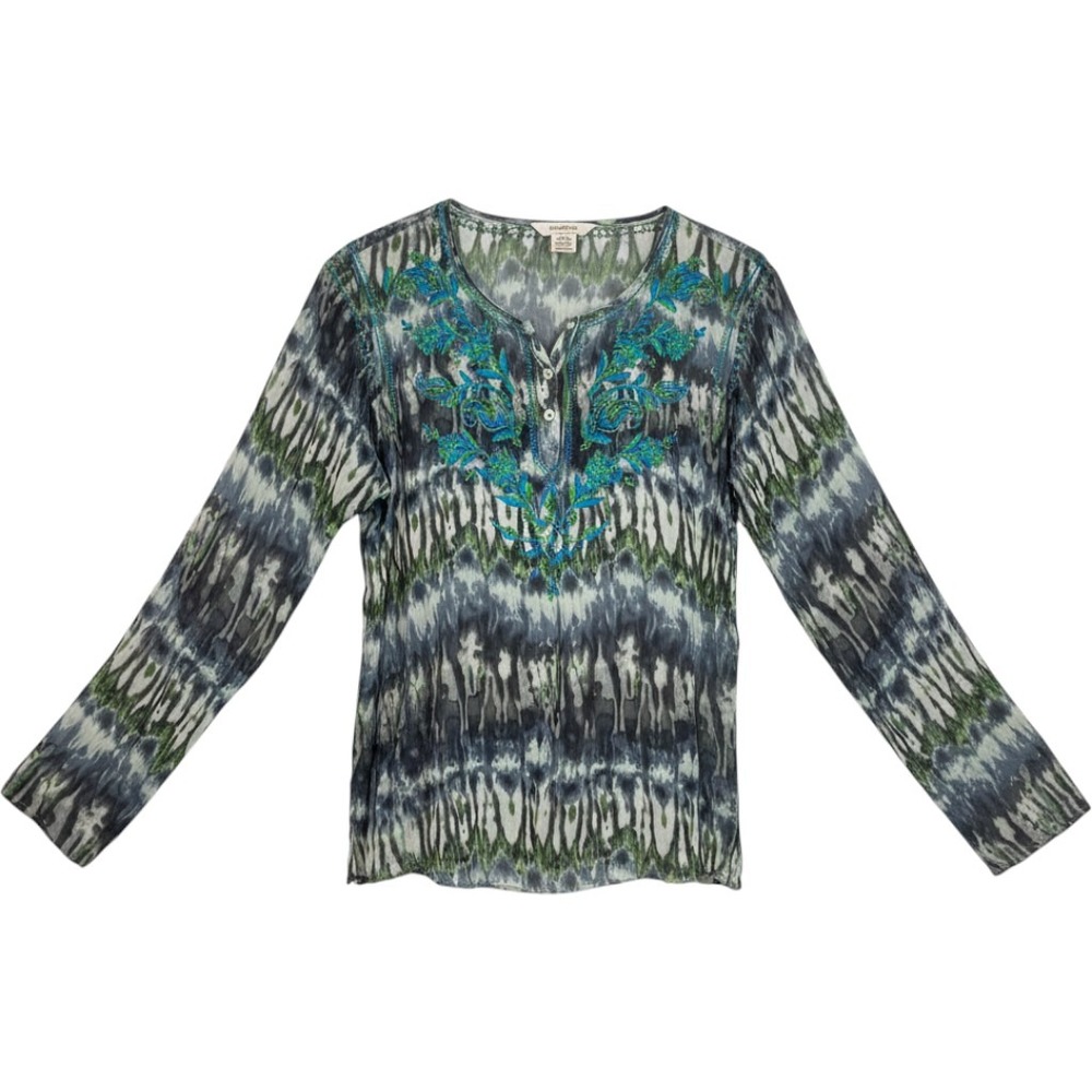 Sundance Blouse - SILK - Size M Green Blue Tie Dye Embroidered Boho Long Sleeve